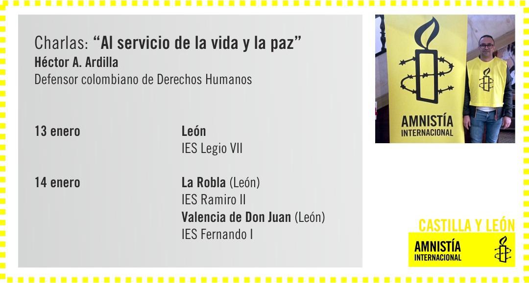 AmnistiaLeon's tweet photo. Porque es importante la educación en #DerechosHumanos, el defensor colombiano en DDHH , Héctor A. Ardilla, visitará @IES_LegioVII el IES Ramiro II de la Robla y @FernandoI_VdDJ y ofrecerá una charla "Al servicio de la vida y la paz". @amnistiacyl https://t.co/9rbwDClxb9