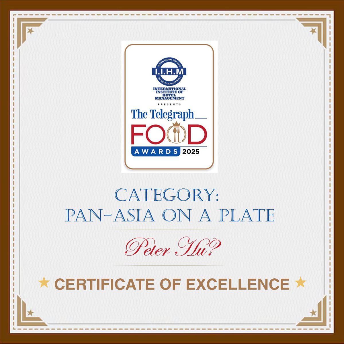 t2telegraph's tweet photo. Peter Hu triumphs in style, earning a certificate of excellence in the Pan-Asia category at The Telegraph Food Awards 2025! A true celebration of bold flavours and culinary artistry.
#TTFA #TheTelegraphFoodAwards #PanAsia #PeterHu #AsianCuisine https://t.co/y7UrNpvIpf