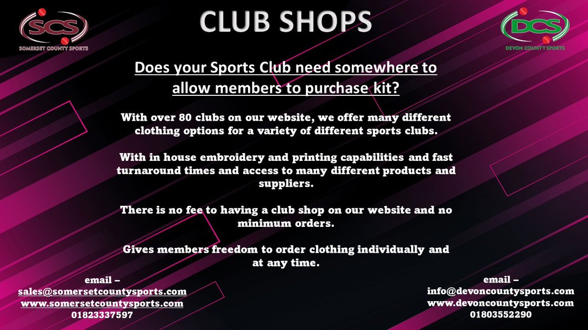 Is your cricket club or sports team looking for clothing for the upcoming cricket season? Here at Somerset County Sports, we can take control of your club shop and make it easy for your members to order their clothing. Get in contact for more information!