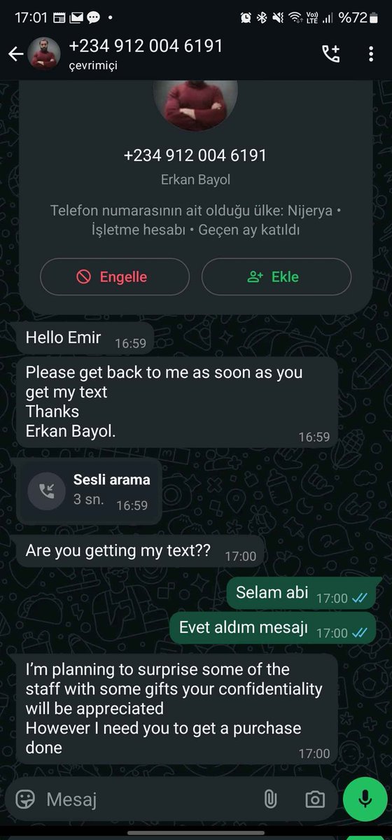 erkanbayol_7's tweet photo. My team just alerted me about a recent phishing attempt. Somebody impersonating me on whatsapp and messaging people. This is a known phishing method, and these scammers usually ask for some money by claiming they urgently need it.

You can easily detect by checking number. This dude is using a Nigerian number. 

Be safe and careful. I never message people for money.