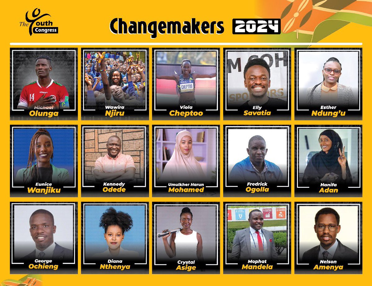 Honoring fifteen extraordinary leaders who are creating change: <a href="/YouthConKe/">The Youth Congress Kenya</a> CHANGEMAKERS 2024

<a href="/OgadaOlunga/">MICHAEL OLUNGA</a> <a href="/wawiranjiru/">Wawira Njiru</a> <a href="/V_legit/">Violah Lagat</a> <a href="/Ellysavatia/">Elly Savatia ⚡</a> Esther Ndung’u, Eunice Wanjiku <a href="/KennedyOdede/">Kennedy Odede</a> <a href="/missyHaroona/">Umulkher Harun (Umi) -MP</a> <a href="/MceeMswaki/">Mc Toothbrush</a> <a href="/Honeyfarsafi/">Hanifa 🇵🇸 🇵🇸</a> George Ochieng, Diana Nthenya, <a href="/CrystalAsige/">Crystal Asige</a>,