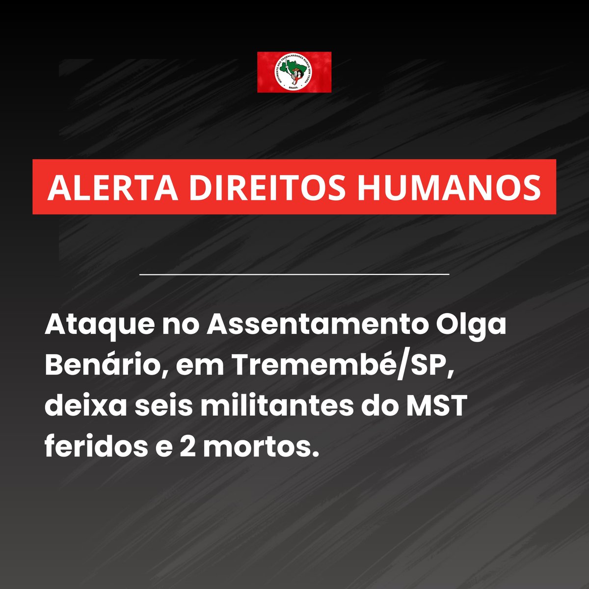 DeboraNunesMST's tweet photo. ABSURDO! Um atentado tirou a vida de dois assentados em Tremembé (SP), no Assentamento Olga Benário! Uma tragédia que deixou ainda feridos após a invasão de pistoleiros. Nossa solidariedade ao assentamento e que o crime seja investigado e os assassinos e mandantes punidos! https://t.co/sT4As8tAXB