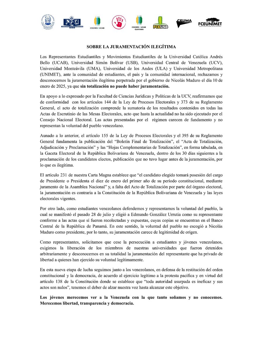 Los estudiantes universitarios también lo tienen claro: en esta nueva etapa, la lucha es unidos hasta lograr la libertad y la democracia en nuestro país. ¡<a href="/EdmundoGU/">Edmundo González</a> es el presidente electo de Venezuela y los jóvenes seguirán con el pueblo venezolano defendiendo la soberanía