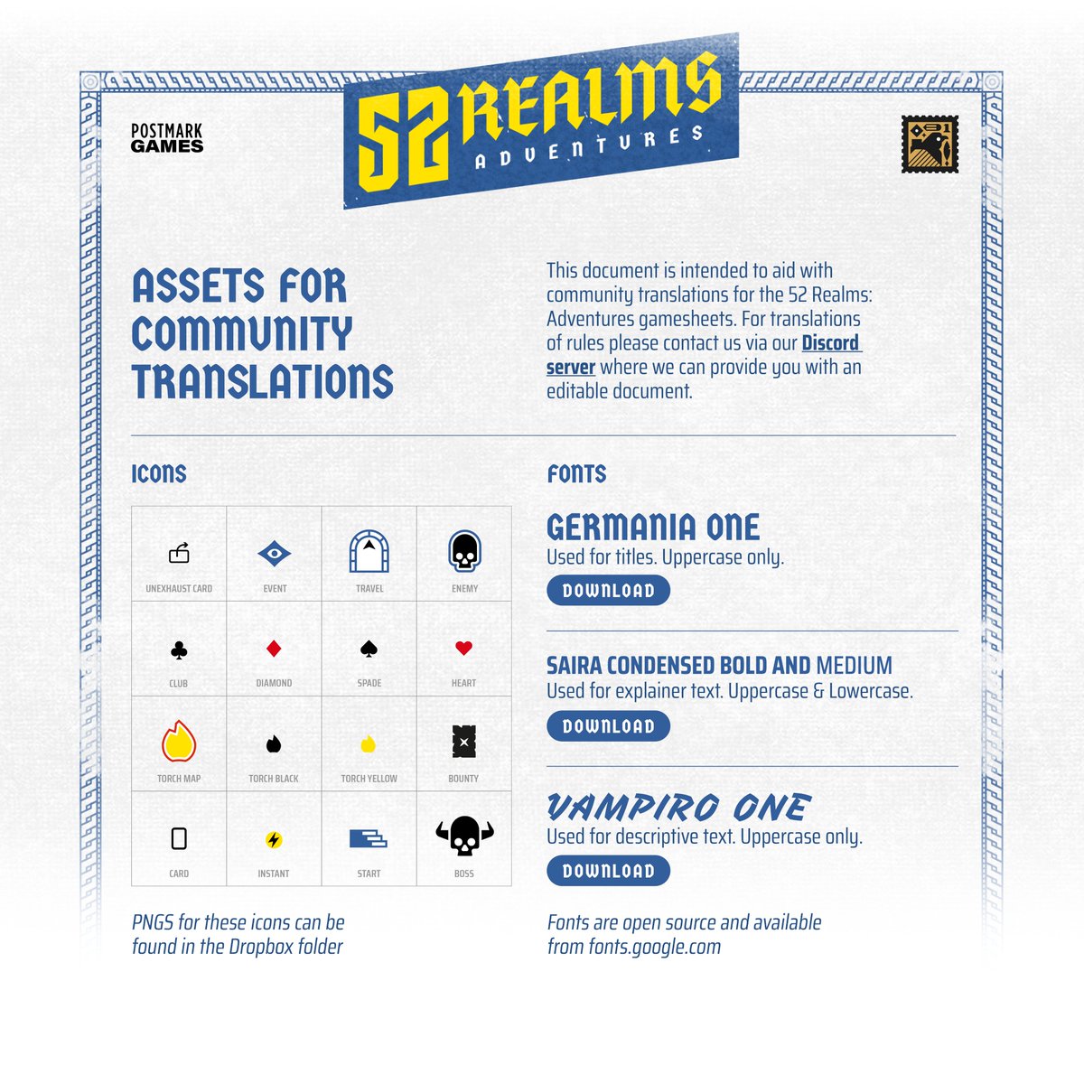 A 52 Realms: Adventures mini update:
 
For those interested in community rules translations we've now added blank character sheets, dungeon sheets, icons and an information PDF (including links to open source fonts) to the Dropbox.