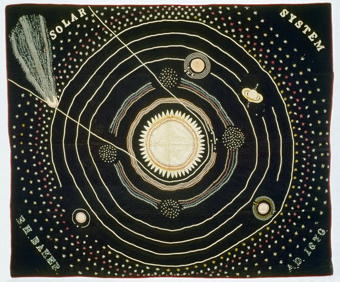 'Solar System' quilt by Ellen Harding Baker of Cedar County, Iowa, US in 1876, used as a teaching aid for her lectures on astronomy in the small towns of her state #WomensArt