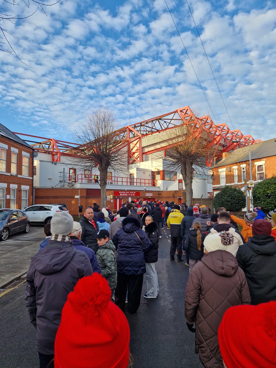 Waiting to get in Bridgford Stand owing to ice. <a href="/NFFC/">Nottingham Forest</a> What's the position, need an update re kick off