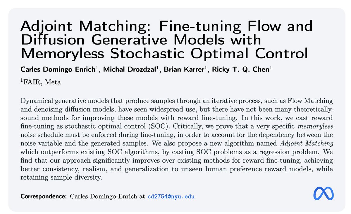 John Nguyen (@__johnnguyen__) on Twitter photo This paper didn’t get the attention it deserves. Have you ever wondered why RLHF/reward fine-tuning is far less common for image generation models compared to large language models (LLMs)?
This paper by <a href="/RickyTQChen/">Ricky T. Q. Chen</a> and team explains it in details.
🧵 This paper didn’t get the attention it deserves. Have you ever wondered why RLHF/reward fine-tuning is far less common for image generation models compared to large language models (LLMs)?
This paper by <a href="/RickyTQChen/">Ricky T. Q. Chen</a> and team explains it in details.
🧵