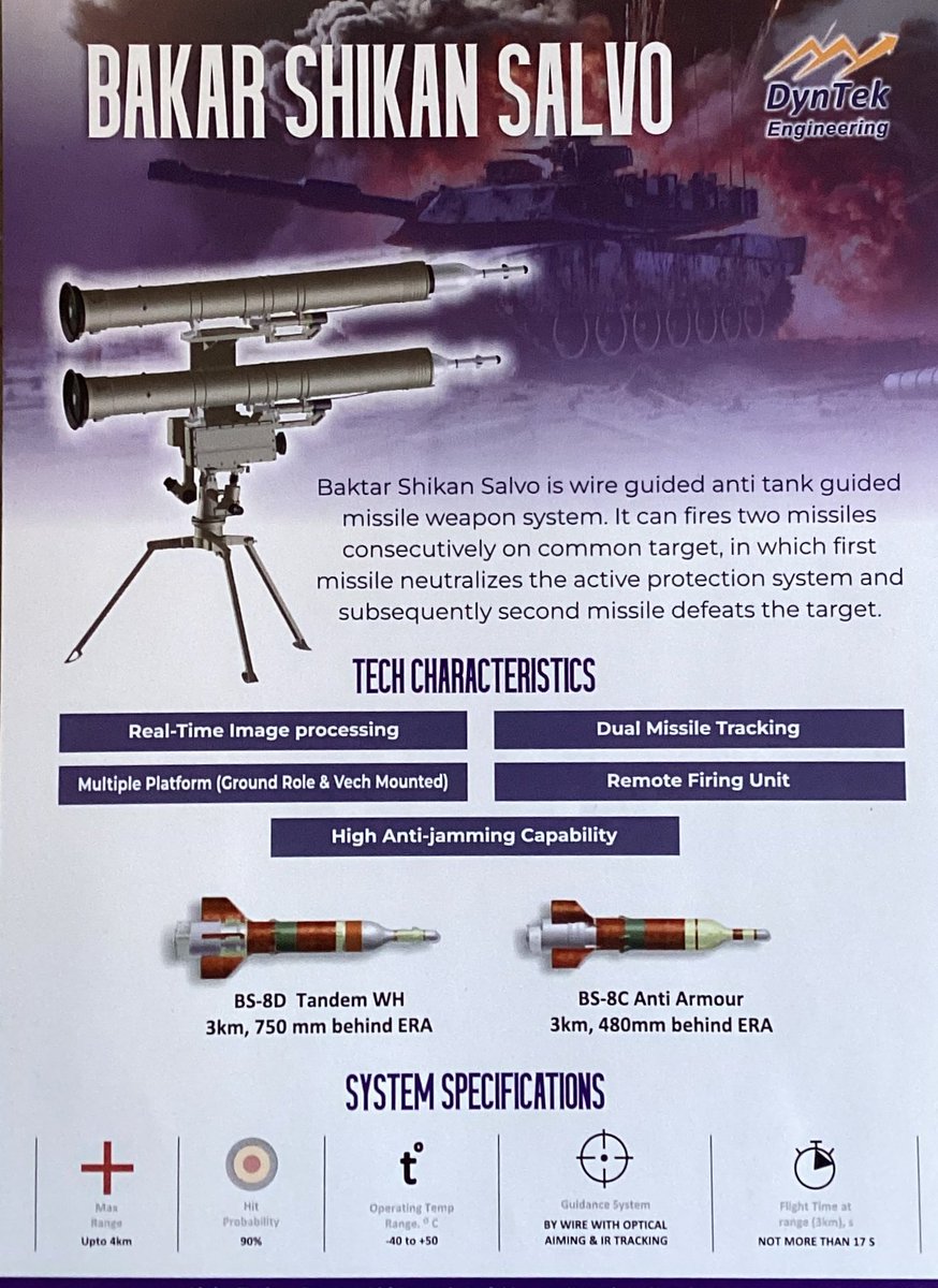 kozamli's tweet photo. Bakhtar-Shikan Salvo
A new variation of the Baktar-Shikan ATGM was unveiled at IDEAS'24. 
A Salvo variant where two missiles can be fired consecutively on a common target - especially effective against targets with APS (Active protection systems) installed. 
The BSWS has been exported by Pakistan to Bangladesh 🇧🇩, Malaysia 🇲🇾, Bosnia 🇧🇦 & Sri Lanka 🇱🇰 in the past.