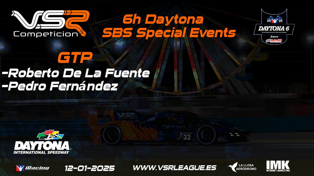 Mañana comienza el campeonato organizado por <a href="/iracingsbsports/">iRacingSBS Esport Team</a> coincidiendo con los eventos especiales de Iracing 
Primera parada, 6h Daytona.
Al volante del Porsche GTP
<a href="/XxX_PinXo_XxX/">ҳҲҳ𝓟𝓲𝓷𝓧𝓸ҳҲҳ</a> 
<a href="/Pedrito_feer/">Pedro Fernández Olmedo</a> 
Suerte y a divertirse!!!💪🏻