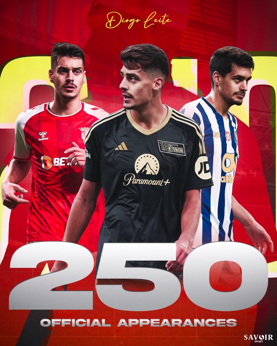 ⚡️250 AND COUNTING!⚡️

Congrats to <a href="/Diogoleite53/">Diogo Leite</a> for hitting his 250th career appearances today! 
An incredible achievement for our young Portuguese player, here’s to many more moments of greatness ahead! 🏆💫

#DiogoLeite #Leite #FcPorto #SCBraga #fcunion #SavoirSport