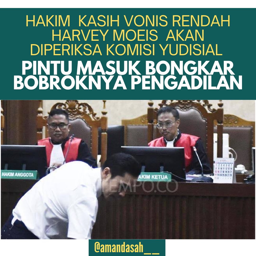 DARURAT PENGADILAN BOBROK

Kecurigaan publik terkait bau busuk permainan hakim yg memberi vonis ringan koruptor korupsi timah harus bisa diungkap KOMISI YUDISIAL. 

Pengadilan yg menjadi tempat untuk menjamin tegaknya keadilan tapi dipermainkan sama hakim yang katanya wakil