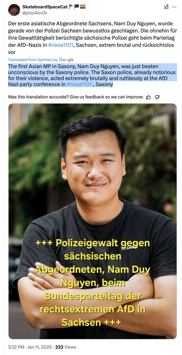 "Nam Duy Nguyen was knocked unconscious by a police officer's blow &amp; his companion suffered facial injuries. Nam Duy Nguyen and his team were standing on the edge of a police operation, clearly marked as parliamentary observers with their vests."
die-linke.de/start/presse/d… #rie1101
