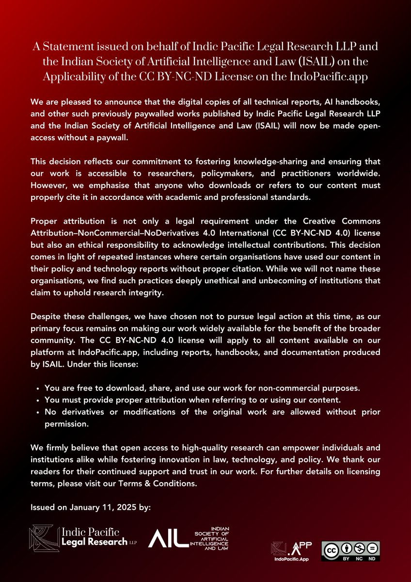 📢 Joint Statement: Making Knowledge Accessible

We're taking a significant step forward! 📚 

The digital copies of all technical reports and AI handbooks by @IndicPacific &amp; <a href="/IndianSocietyAI/">Indian Society of Artificial Intelligence and Law</a> are now open-access. No paywalls, just knowledge.