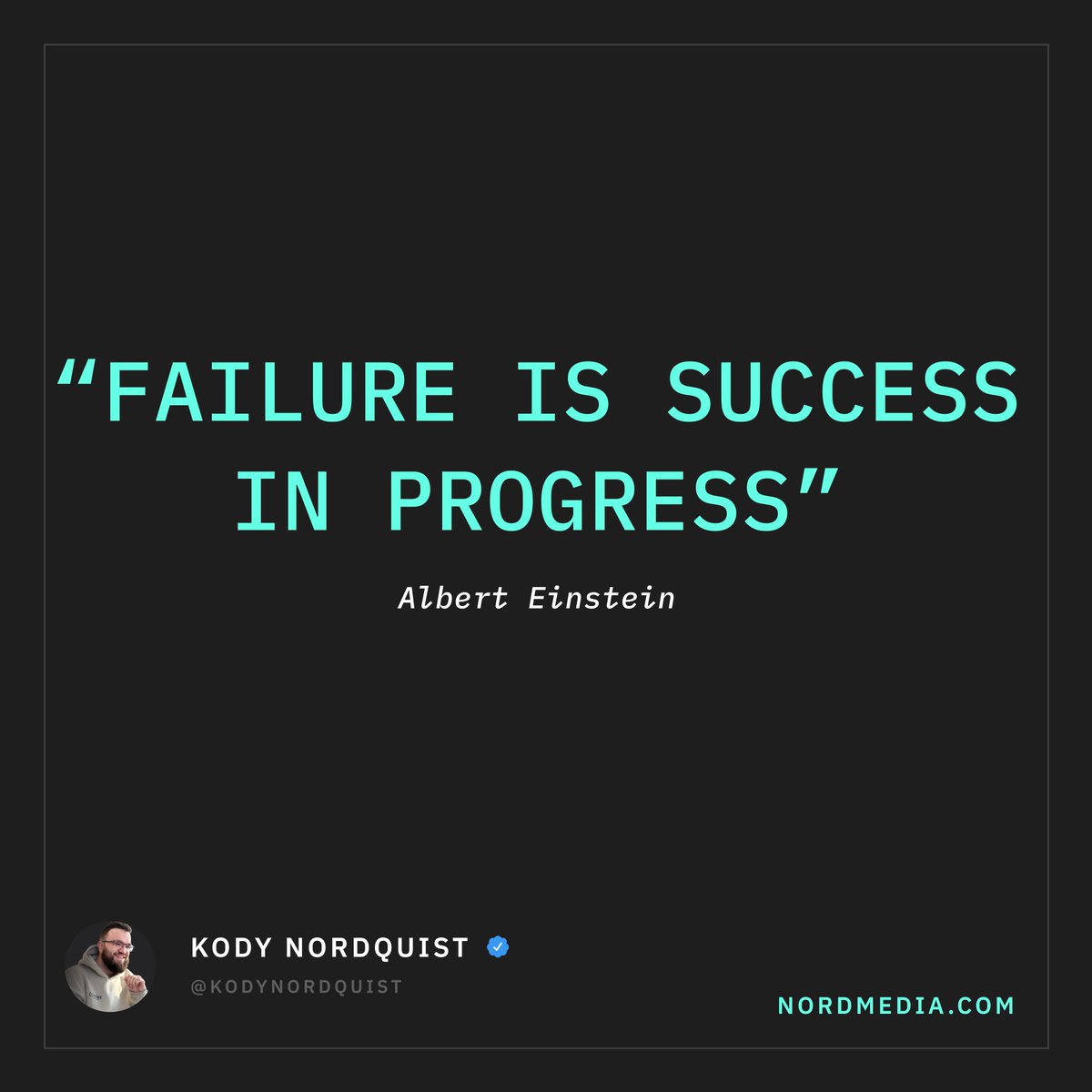 KodyNordquist's tweet photo. Stop trying to play it safe. It’s holding you back.

The most successful people I know, fail. A lot. 

And they do it fast.

Because perfection is overrated. Instead of wasting time chasing the 'perfect strategy,' they test, pivot, and move on. 

Here’s the secret:

- Quickly figure out what works and ditch what doesn’t.
- Skip the endless overthinking and make decisions faster.
- Build a culture that thrives on progress, not perfection.
- For startups especially, experimentation isn’t optional—it’s survival. 

Failure is simply part of the process.

- The trick is learning from your misses:
- Spot the mistakes that teach you something.
- Fix inefficiencies before they snowball.
- Focus on areas that can actually drive growth.
- Fail fast, learn faster, and let every stumble become a stepping stone to success.

Here’s why this works:

- Testing uncovers your biggest opportunities.
- No more pouring resources into dead ends.
- Quick shifts keep you ahead of the game.
- Every failure makes you sharper and more resilient.

Experimentation is your secret weapon. 

Embrace the messiness, test relentlessly, and turn failure into your unfair advantage.