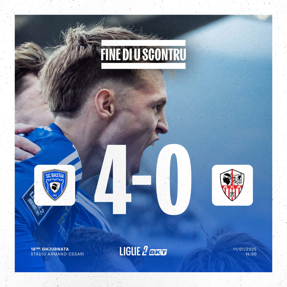 SCBastia's tweet photo. 90' 🔚

HÈ COMPIU VITTORIA DI U SPORTING !! ✊

Patroni di Corsica ! Simu noi... É SOLU NOI ! ⚪️🔵

⚽️ Ducrocq (penalty) 17'
⚽️ Tomi 23'
⚽️ Cissé 40'
⚽️ Tramoni 68'

#SCBACA | 4️⃣-0️⃣ https://t.co/6YqBUdJ9ju