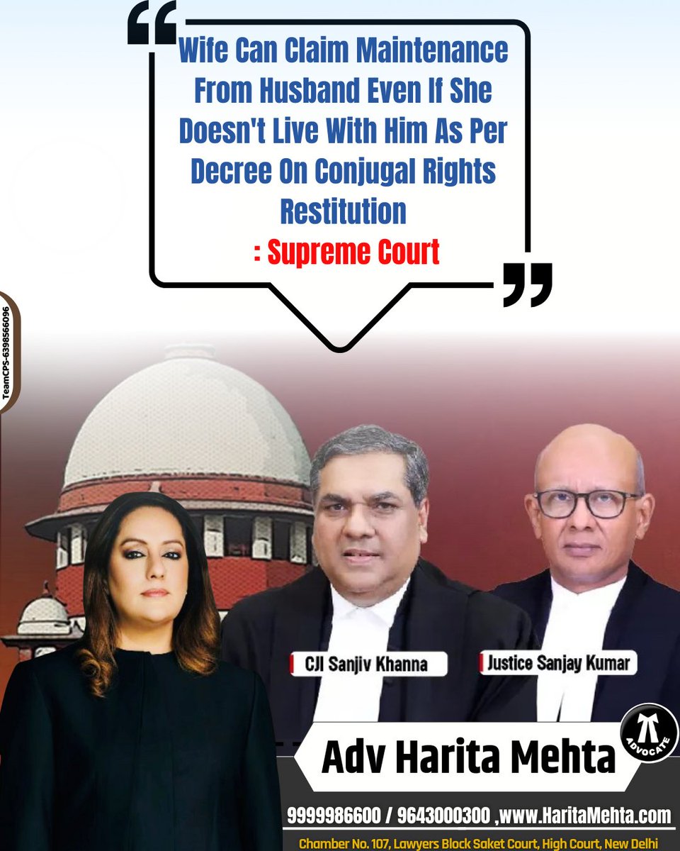 AdvHaritamehta's tweet photo. Wife Can Claim Maintenance From Husband Even If She Doesn't Live With Him As Per Decree On Conjugal Rights Restitution : Supreme Court.
#SupremeCourt #supremecourt #SupremeCourtOfIndia #CJI #cji #CJISanjivKhanna #AjithKumar
#Divorce #MaintenanceRight https://t.co/kcotifbwor