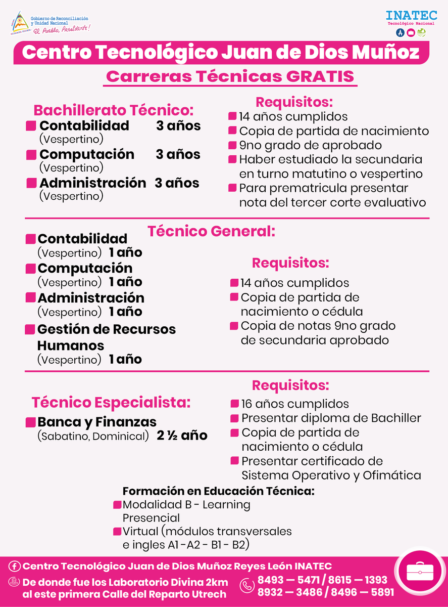 CentroTec_JDMR's tweet photo. 📝Oferta de Carreras Técnicas 📚 disponibles en el Centro Tecnológico Juan de Dios Muñoz Reyes. Completamente Gratis, visítanos de LUNES a DOMINGO 😊
#TecJDMR
#SoyTecNicaragua https://t.co/NntO2JakZL
