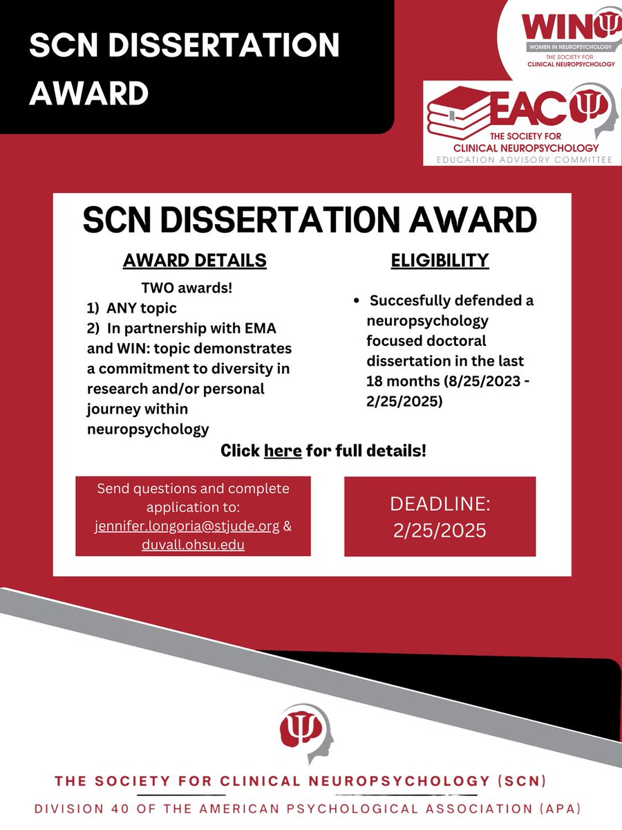 SCN Education Advisory committee is now accepting applications for the 2025 Dissertation Award!

Deadline to apply is 2/25/25! 

Full details on awards and eligibility: scn40.org/eac/dissertati…