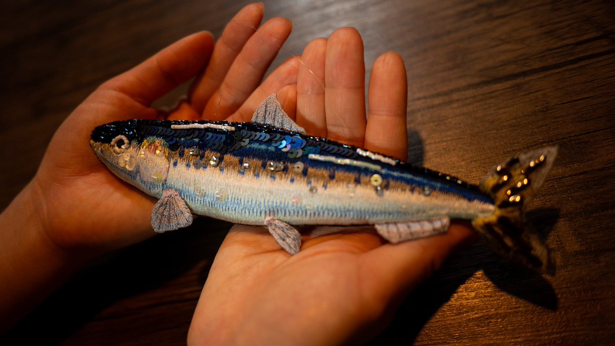 Sh1IV's tweet photo. ヤマメとマイワシの刺繍が届いた。
デザフェスで一目惚れして夫婦で好きな魚をプレゼントし合ったんやけど可愛すぎる🕺💃
何処に飾るか迷ってたんやけど、青いカーテンバックで良い感じに泳いでるように見えて生きてるみたい。
とても良い買い物をしました。 https://t.co/eRT5tkHg9b