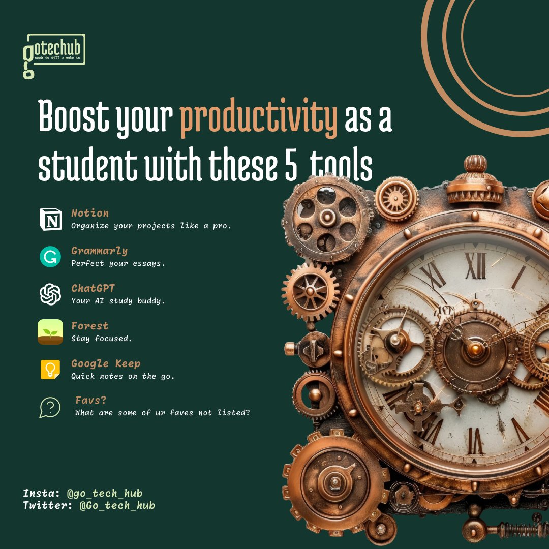 Go_tech_hub's tweet photo. Which one do you use most? Share your tips! #ProductivityTips #TechForStudents #tips #Tech https://t.co/Z2Q2urKzOm