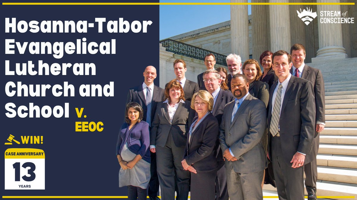 becketfund's tweet photo. Thirteen years ago today, #SCOTUS unanimously ruled to protect the ministerial exception, ensuring churches the right to choose their own leaders without government interference. Learn more about the story of Hosanna-Tabor Evangelical Lutheran Church in our #StreamOfConscience podcast episode "Synods and Statutes." https://t.co/H9DXa0fSaj