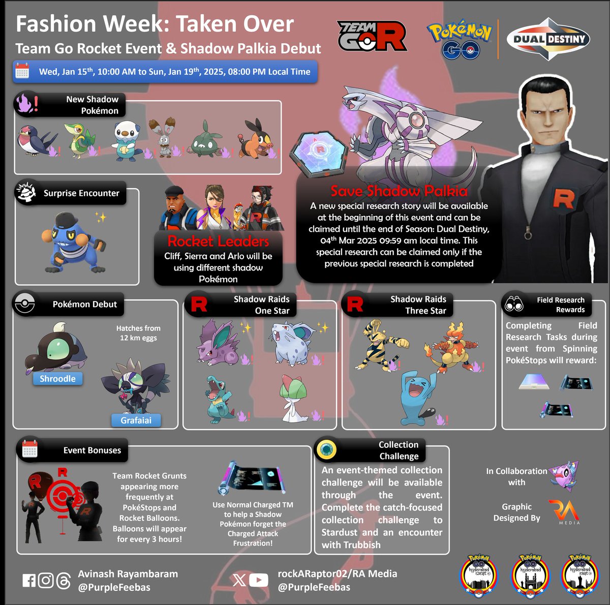rayambaram's tweet photo. ๐ฎ๐ณ
โญ Fashion Week: Taken Over
๐ฅ Shadow Palkia Debut
๐๏ธ Wed, Jan 15 to Sun, Jan 19 2025
๐10:00 am to ๐ 08:00 pm local time
#TeamGoRocket #PokemonGo #Pokemon
#RocketEvent #ShadowPalkia #Infographics #Giovanni #Cliff #Arlo #Sierra @PurpleFeebas @pogohyd https://t.co/44stvK9Y0F