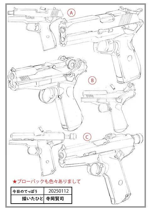 今日のてっぽう
ブローバックも色々あるなと
(A)よくあるストレートブローバック
(B)ルガーp08ふう～トグルアクション
(C)南部式アクション
空想銃ならもっとへんてこでよいかも 