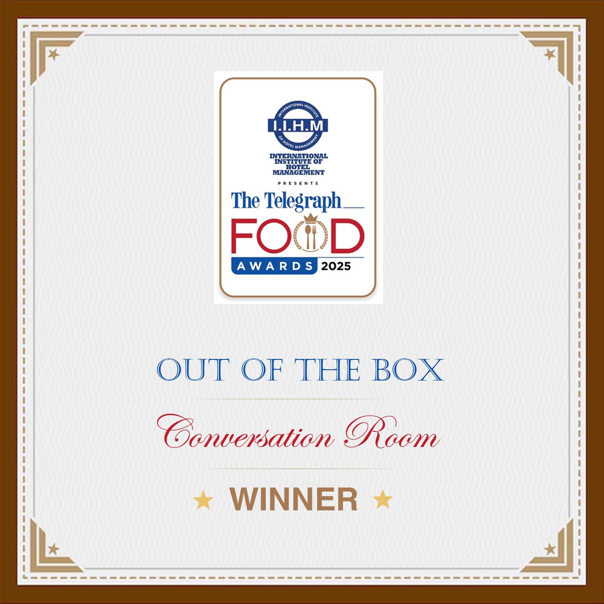 t2telegraph's tweet image. Conversation Room bagged the Out of the Box award at The Telegraph Food Awards 2025! A serene spot where great food meets peaceful vibes, perfect for uninterrupted conversations.

#TTFA #TheTelegraphFoodAwards #OutOfTheBox #ConversationRoom #FoodAwards2025