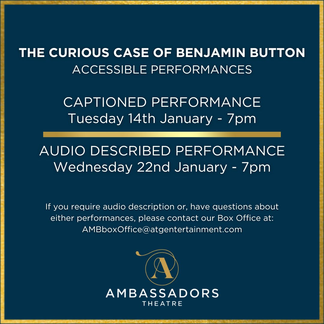 Ambassadors Theatre (@ambtheatre) on Twitter photo We have two upcoming accessible performances of <a href="/TCCOBBmusical/">The Curious Case Of Benjamin Button</a> this month. For more information or to book in, contact our Box Office directly at AmbBoxOffice@atgentertainment.com We have two upcoming accessible performances of <a href="/TCCOBBmusical/">The Curious Case Of Benjamin Button</a> this month. For more information or to book in, contact our Box Office directly at AmbBoxOffice@atgentertainment.com