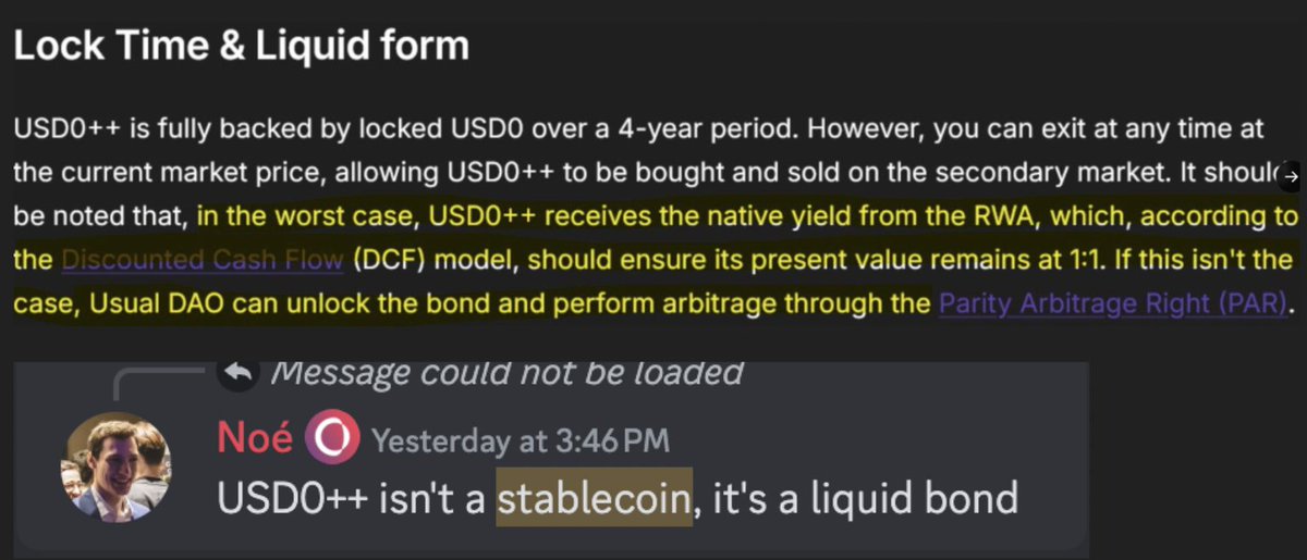 Cbb0fe's tweet image. Study @usualmoney grift.

On official discord for weeks:

"in the worst case the model should ensure its present value remains at 1:1 and if this isn't the case, Usual DAO can unlock the bond and perform arbitrage"

Yesterday from Usual team:

"USD0++ isn't a stablecoin", "it…