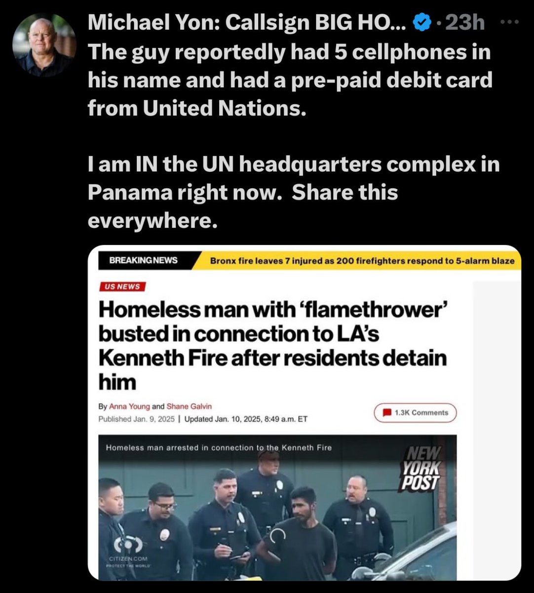 NOTHING to see here but the UN committing TERRORISM against America. 

The ‘Climate Change’ Arsonist had a prepaid debit card from the United Nations.