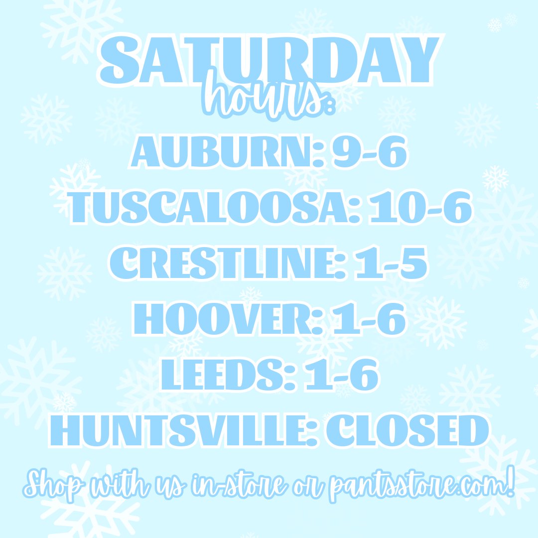Pantsstore's tweet image. SATURDAY HOURS!❄️ Shop with us today!🛍️ You can still shop with us on pantsstore.com!⭐ Stay warm!🥶

#newarrivals #pantsstore #outfitinspo #ootd #fashioninspo #fashion #75yearsofpants #trend #shoponline #snowday #hours #closed #open #weatherpermitting #style