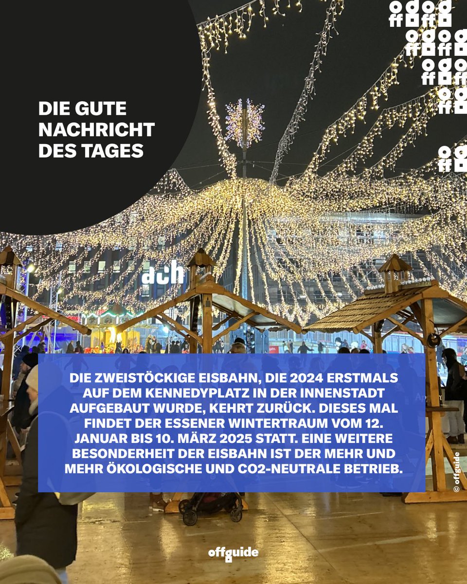 offguide's tweet image. Anzeige · Die zweistöckige Eisbahn, die 2024 erstmals auf dem Kennedyplatz in der Innenstadt aufgebaut wurde, kehrt diesen Sonntag zurück. Ab 11 Uhr startet der Essener Wintertraum die Freizeitattraktion für Jedermann mitten in Essen. 
#essenerwintertraum #essenruhr #offguide