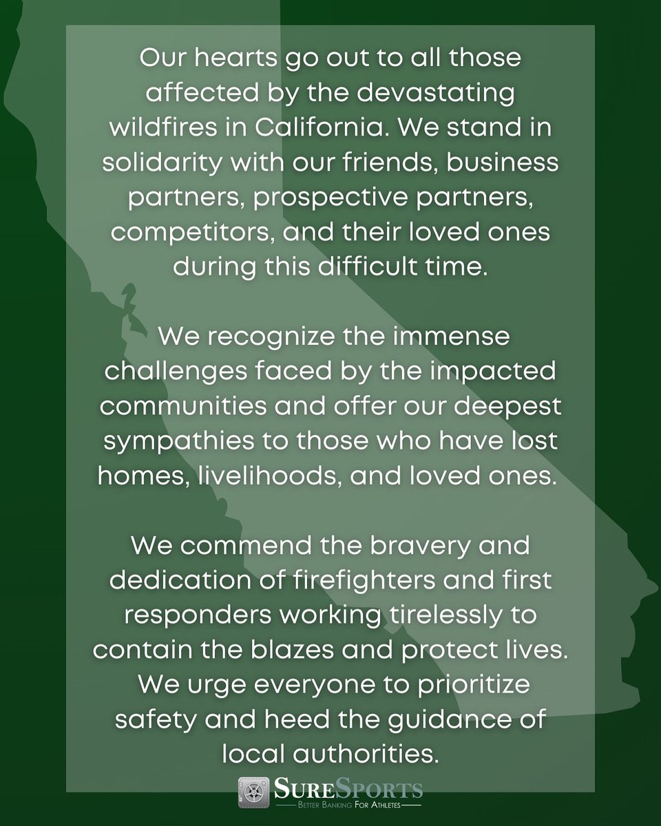 suresports's tweet photo. California- our hearts are with you. 🙏🏼 

Our team is here for you in any way possible. 

#californialove #palisadesfire #love #PalisadesWildfire https://t.co/au3UKMrkit