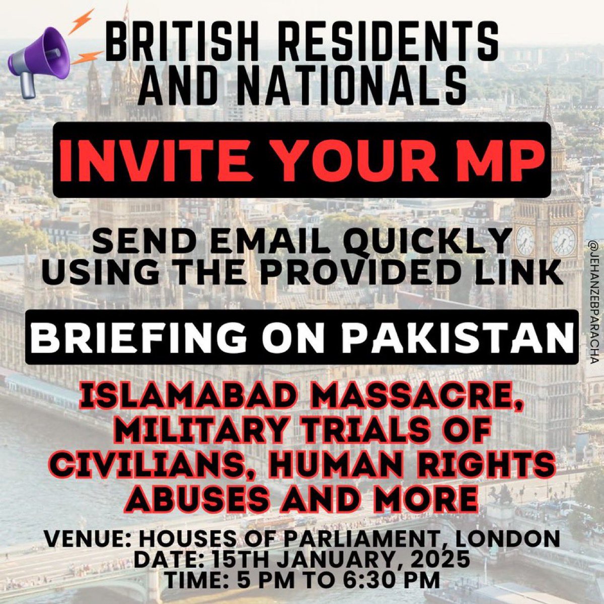 British Pakistanis, please invite your local MP to this Briefing on #IslamabadMassacre. Do this today and share with relevant people: 

1. Click the link: osicpk.good.do/fascist1/UK-2/
2. Enter your details
3. Press "Send my Email"

#PakistanUnderFascism
#EndMilitaryTrials