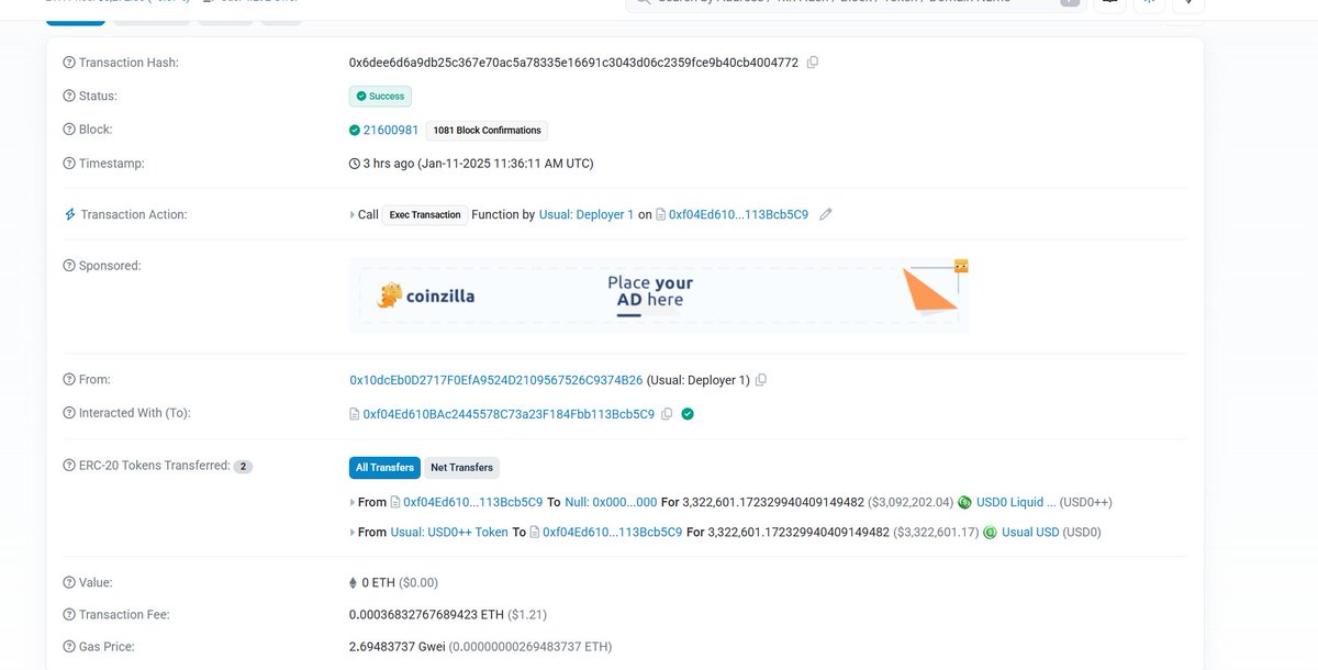 这个人为什么可以1：1赎回USD0++ ？ 
这不是诈骗项目是什么？？

Why can this address redeem USD0++ 1:1 ? 
What is this if not a scam project?<a href="/usualmoney/">Usual</a> 

0x6dee6d6a9db25c367e70ac5a78335e16691c3043d06c2359fce9b40cb4004772