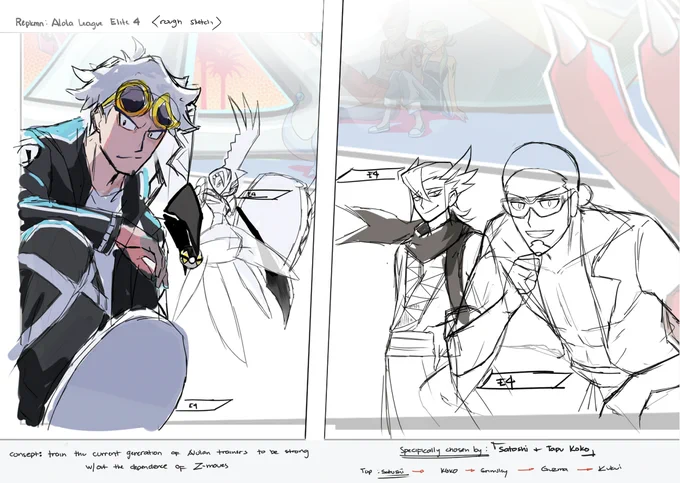 sketching atm...

was pondering, kinda need opinion with making these guys as Alola Elite 4. Does it feel too fanfic-ky? or does it seem not actually far off from happening/actually makes kinda sense? 