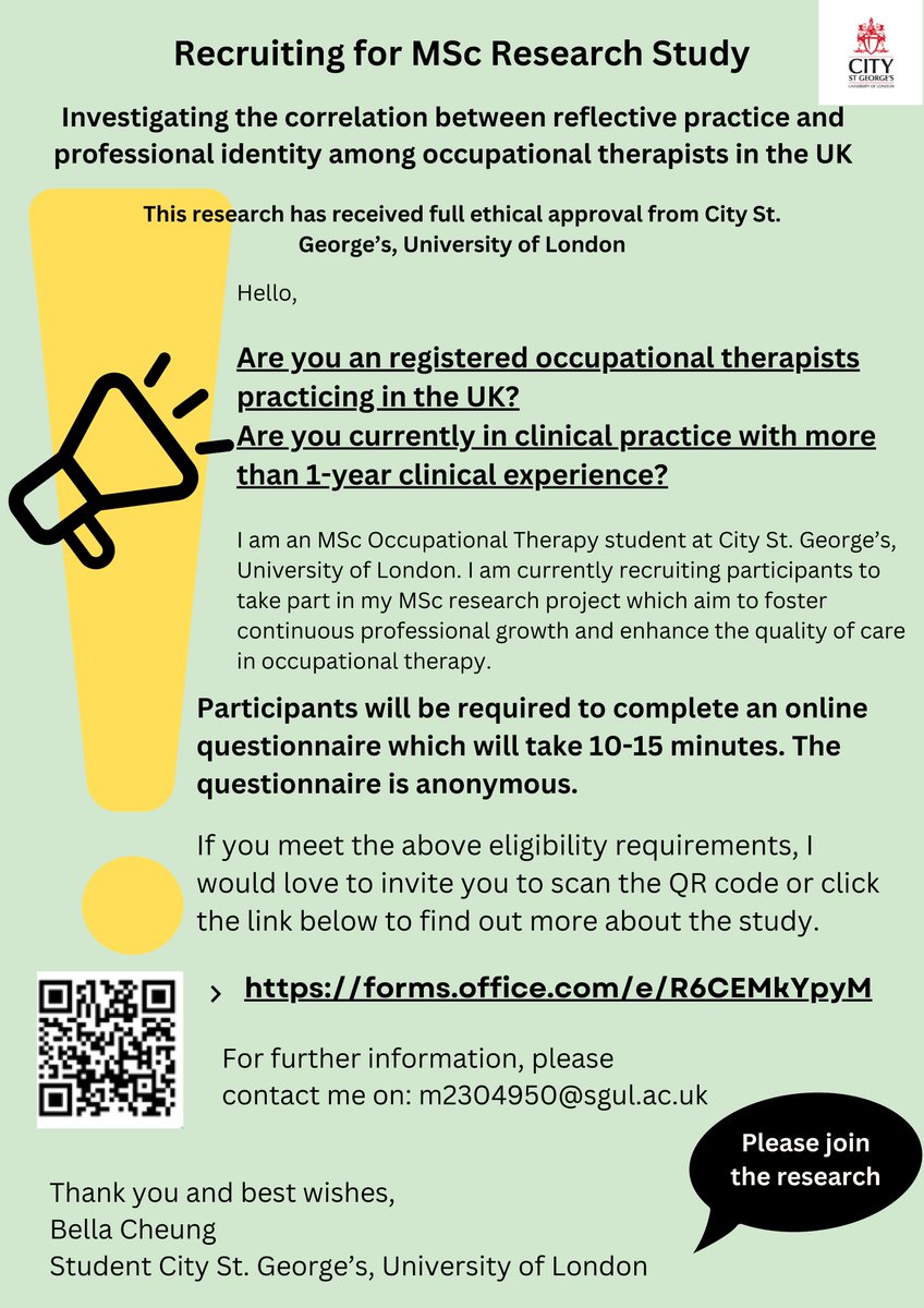 Cheung Yick Man, Bella (@otstudentbella) on Twitter photo Calling all occupational therapists with more than 1-year clinical experience in the UK.
🗣️Share your experience on reflective practice!
Complete a short online survey! forms.office.com/e/R6CEMkYpyM
Ethical approval gained from City, St George's University of London.
<a href="/SGUL_OT/">Occupational Therapy at City StGeorge’s University</a> Calling all occupational therapists with more than 1-year clinical experience in the UK.
🗣️Share your experience on reflective practice!
Complete a short online survey! forms.office.com/e/R6CEMkYpyM
Ethical approval gained from City, St George's University of London.
<a href="/SGUL_OT/">Occupational Therapy at City StGeorge’s University</a>