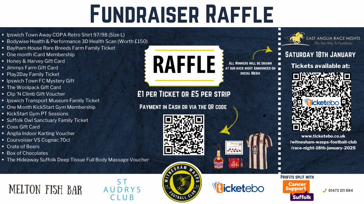 witneshamwasps's tweet image. Raffle winners are announced next weekend so still time to buy your tickets 🎟️ 

Just £1 per ticket or a strip for £5 with amazing prizes donated from local businesses all over Suffolk in aid of of two amazing causes. 

Purchase your tickets by visiting pay.collctiv.com/quiz-and-karao…!