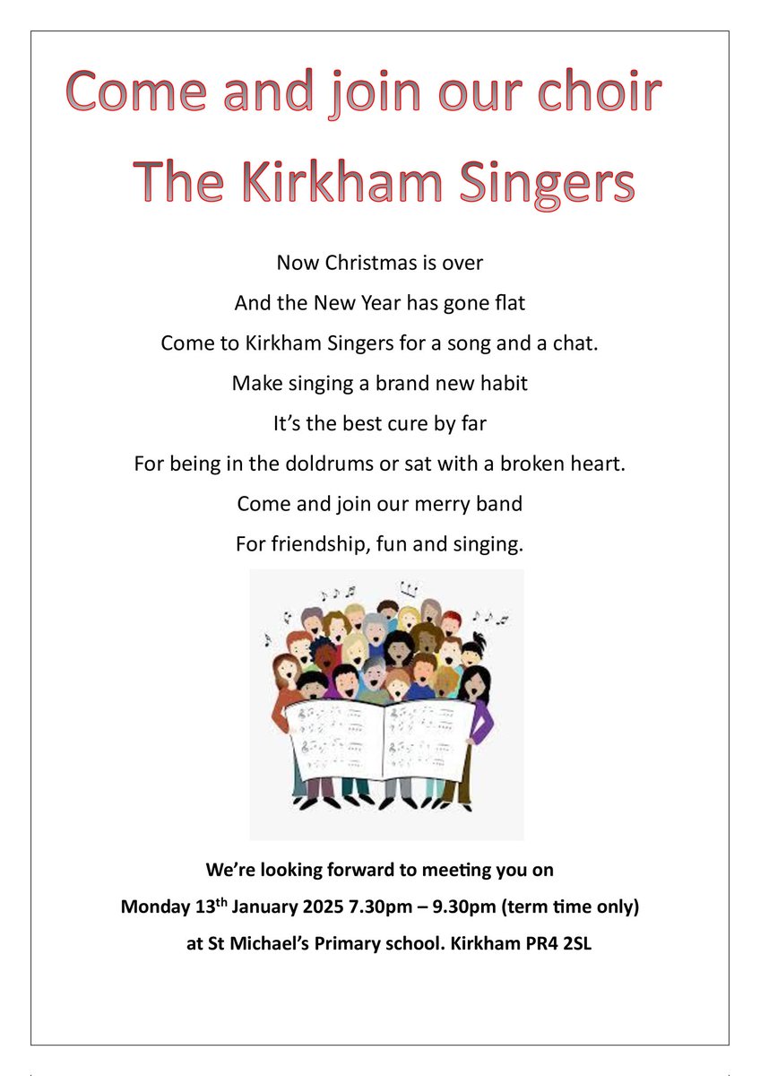 All are welcome to join Kirkham Singers on Monday 13th January at 7:30pm at <a href="/StMichaelsCEP/">Kirkham St Michael's</a>

cc <a href="/kirkhamtown/">kirkhamtown</a>, <a href="/SerendipityKirk/">Serendipity House</a>