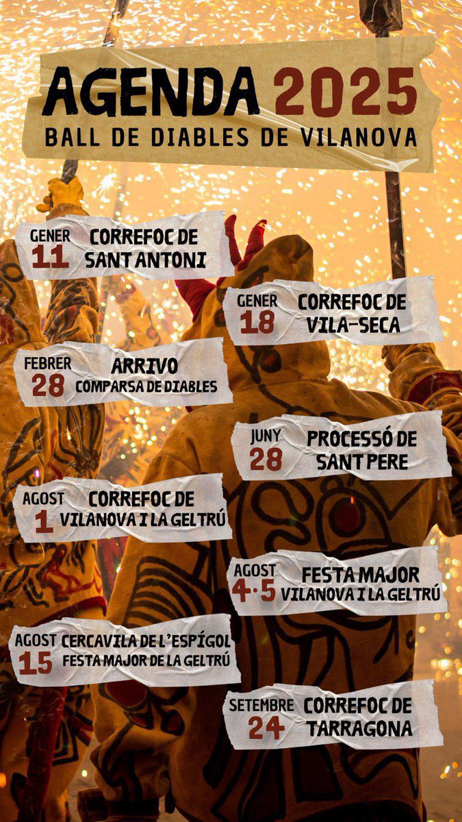 Agenda 2025. 
Aquí us deixem el calendari de sortides d’enguany! 
Tenim una temporada farcida de sortides confirmades. Ja les podeu anotar al calendari.
Recordeu que avui comencem temporada amb el Correfoc de Sant Antoni!

<a href="/ajuntamentvng/">Vilanova i la Geltrú</a> <a href="/VilanovaTurisme/">VilanovaTurisme</a> <a href="/cultpopular_cat/">Cultura Popular</a>