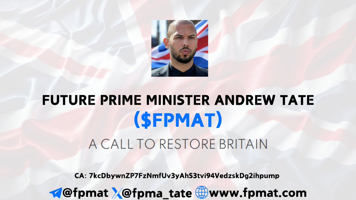 FPMA_Tate's tweet photo. Official Web / X account for Future Prime Minister Andrew Tate Token $FPMAT is LIVE!
Join the movement.
📈 Together, we’ll make this the biggest revolution on Solana.
#AndrewTateForPM #FPMAT #CryptoMovement #Solana https://t.co/LPd43Q0mo3