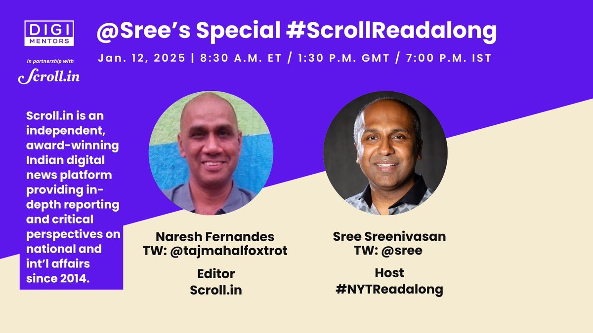 neilparekh's tweet photo. 1/x @Sree is hosting a special #ScrollReadalong this weekend with Naresh Fernandes (@tajmahalfoxtrot). Naresh is the editor of @scroll_in, an independent, award-winning Indian digital news platform.
Sunday, 8:30am ET on FB, TW, LI, YT & IG (or later)
๐https://t.co/yJqbjloFSa https://t.co/iWUuE2EtZ1