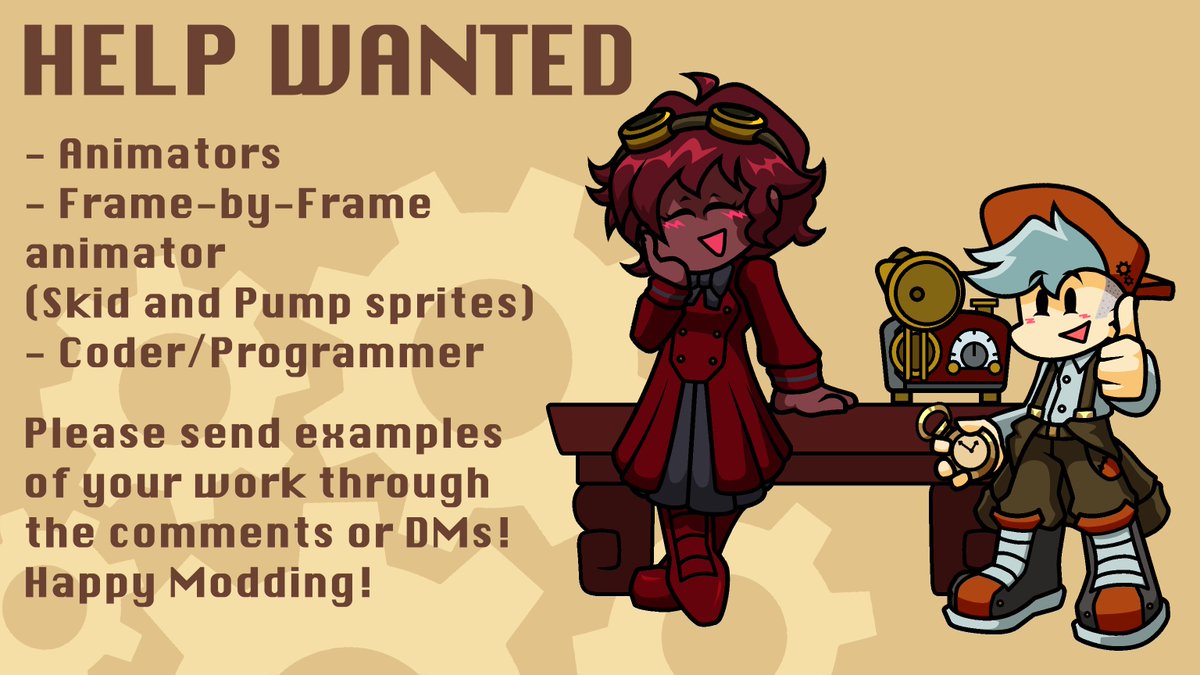 FNF_SPF's tweet image. HELP WANTED!
We're looking for animators and a coder for the mod!
Comment or DM your work!
#FridayNightFunkin #FridayNightFunkinMod #FNF #FNFMod #SteampunkFunkAU