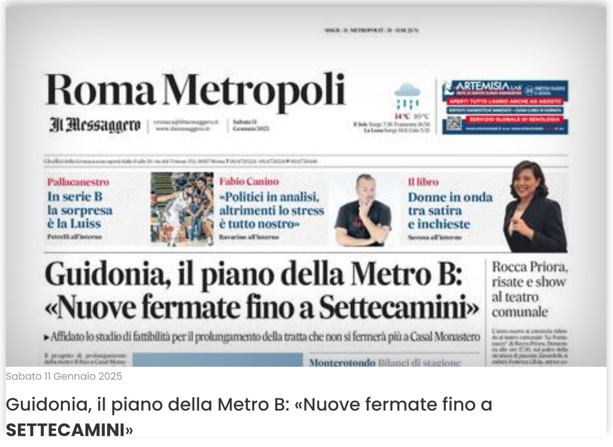 Sul <a href="/ilmessaggeroit/">Il Messaggero</a>  l'affidamento a Roma Metropolitane dello studio per portare Metro B a Settecamini oltre Casal Monastero. Intervistate rappresentanti di <a href="/cdqsettecamini/">Comitato di quartiere di settecamini - Ufficiale</a> e Marcosimone che raccolte le firme hanno portato all'amministrazione di <a href="/Roma/">Roma</a>  la proposta di Metrovia.