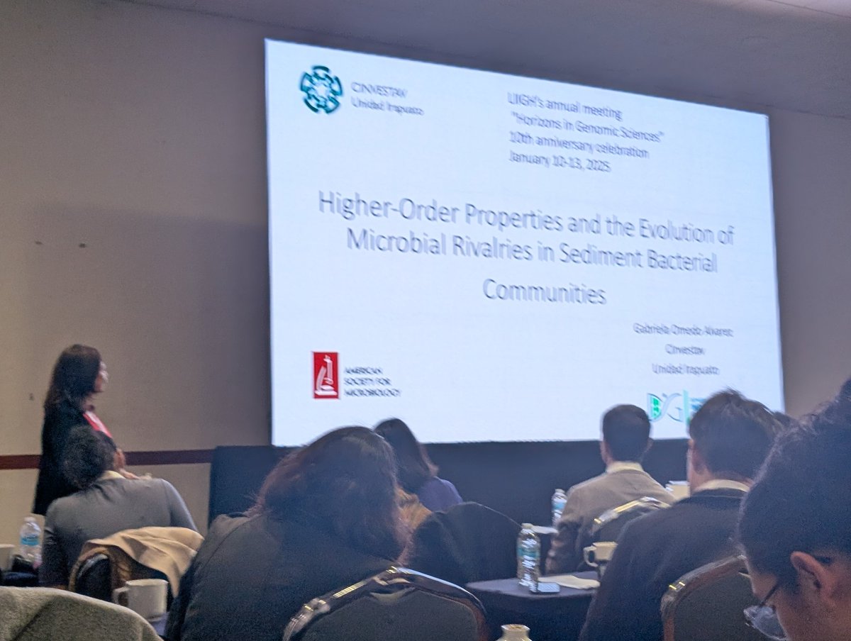 LIIGH_UNAM's tweet photo. @sur_hp To close this session, Dr. Gabriela Olmedo from @CinvestavIra presenting work on Higher Order Properties and the Evolution of Microbial Rivalries in Sediment Bacterial Communities from analyses of bacterial communities in Cuatrociénegas, Coahuila in Mexico #LIIGH10 https://t.co/88SNxeB37l