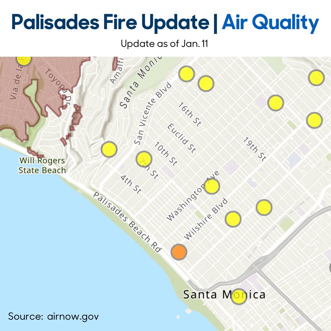 santamonicacity's tweet photo. Current air quality levels are reaching moderate levels in some parts of the city.

Outdoor city facilities remain closed today due to impacts from ash and smoke. The Memorial Park Gym and Fitness Room are open. Farmers markets remain closed.  map at https://t.co/ogInWiHldY https://t.co/o0xil5Mn9j