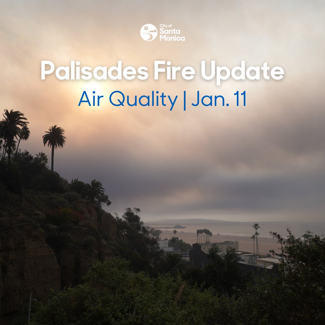 santamonicacity's tweet photo. Current air quality levels are reaching moderate levels in some parts of the city.

Outdoor city facilities remain closed today due to impacts from ash and smoke. The Memorial Park Gym and Fitness Room are open. Farmers markets remain closed.  map at https://t.co/ogInWiHldY https://t.co/o0xil5Mn9j