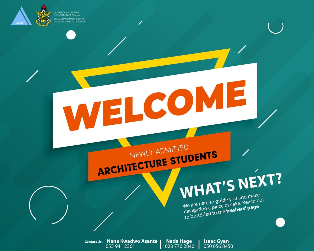 asag_knust's tweet photo. "🎉 Welcome to the ASAG family! 🌟
To all our newly admitted architecture students, congratulations on starting this incredible journey at KNUST! We're here to guide you and make your transition a breeze.
Contact Nana, Nada or Isaac ✨️
#knust #knustarchitecture #asag https://t.co/Z5cdj55QZ2
