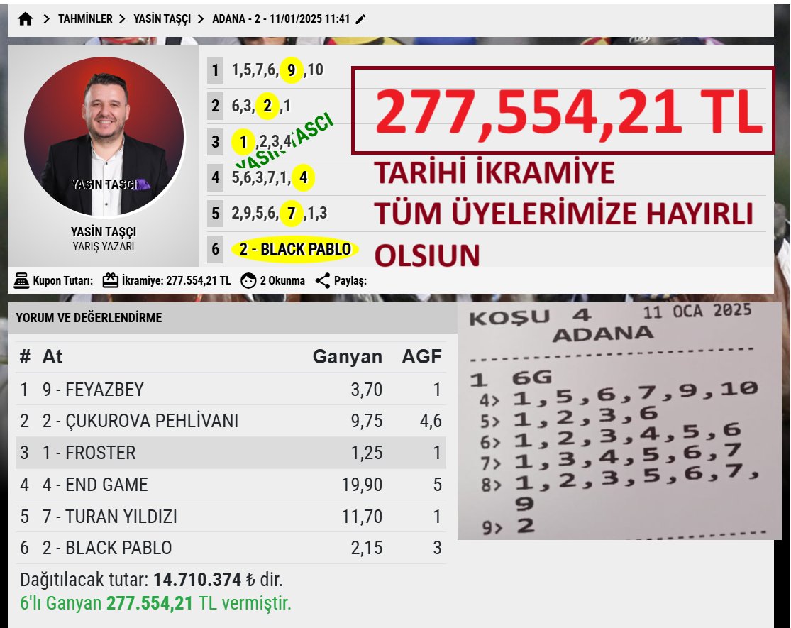 ⭐️⭐️⭐️277,554,21 TL⭐️⭐️⭐️ veren 
ADANA 2.ALTILI tüm üyelerimize hayırlı olsun yasintasci.org beklenen YIL BU YIL DOSTLAR...
BEĞENİ RT RİCADIR....
